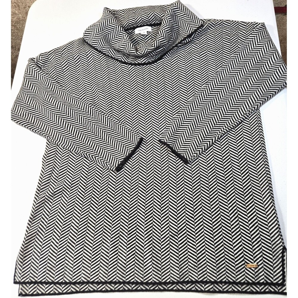 Calvin Klein Women’s Cowl Neck Chevron Knit Sweater Tunic Black White Size L